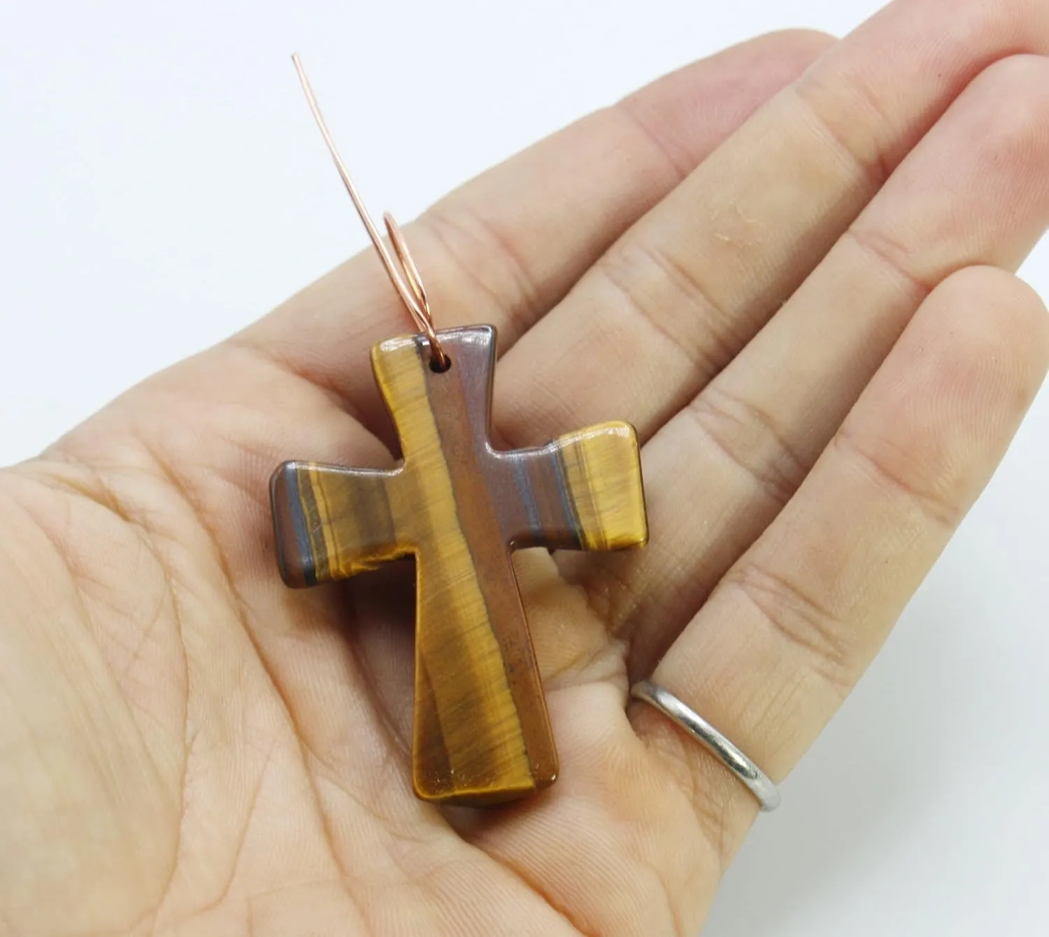 | Tiger Eye Gemstone Pendant - Genuine Healing Crystal Crosses with Copper Wire for Necklace | Willpower, Protection, Prosperity Choker - Jewelry Gift for Mens, Womens,
