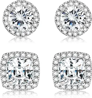 1-2 Pairs 925 Sterling Silver Mens Earrings Cubic Zirconia Halo Stud Earrings for Men 18K Gold Plated Heart/Round/Square Cut CZ Stud Earrings Set for Women Men