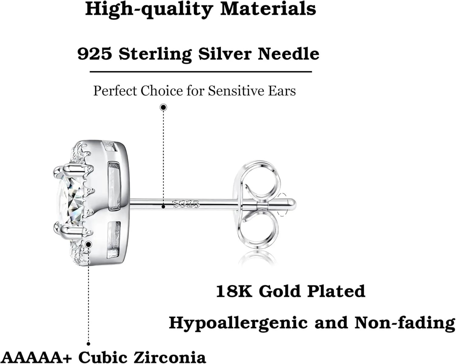 1-2 Pairs 925 Sterling Silver Mens Earrings Cubic Zirconia Halo Stud Earrings for Men 18K Gold Plated Heart/Round/Square Cut CZ Stud Earrings Set for Women Men