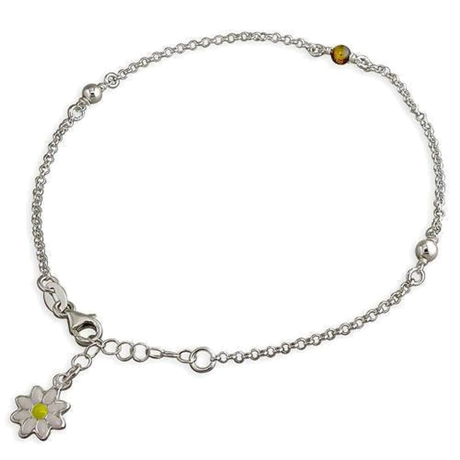 10 Inch Enamel Daisy Charm With Tigers Eye & Ball Beads Sterling Silver Anklet/Ankle Bracelet/Ankle Chain - 925 Sterling Silver - 8.5 to 10 Inch/21.5 to 25 cm - Belcher Chain - Anklets for Women