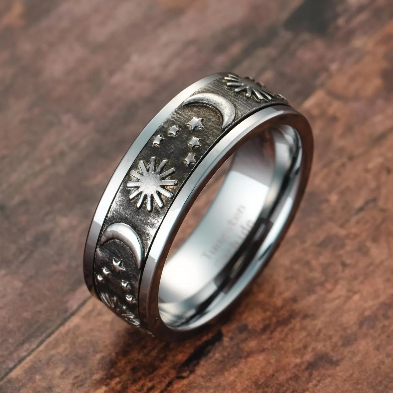 100S JEWELRY Silver Moon Stars Sun Spinner Tungsten Rings Distressed Celestial Theme Men Wedding Band Size 6-16