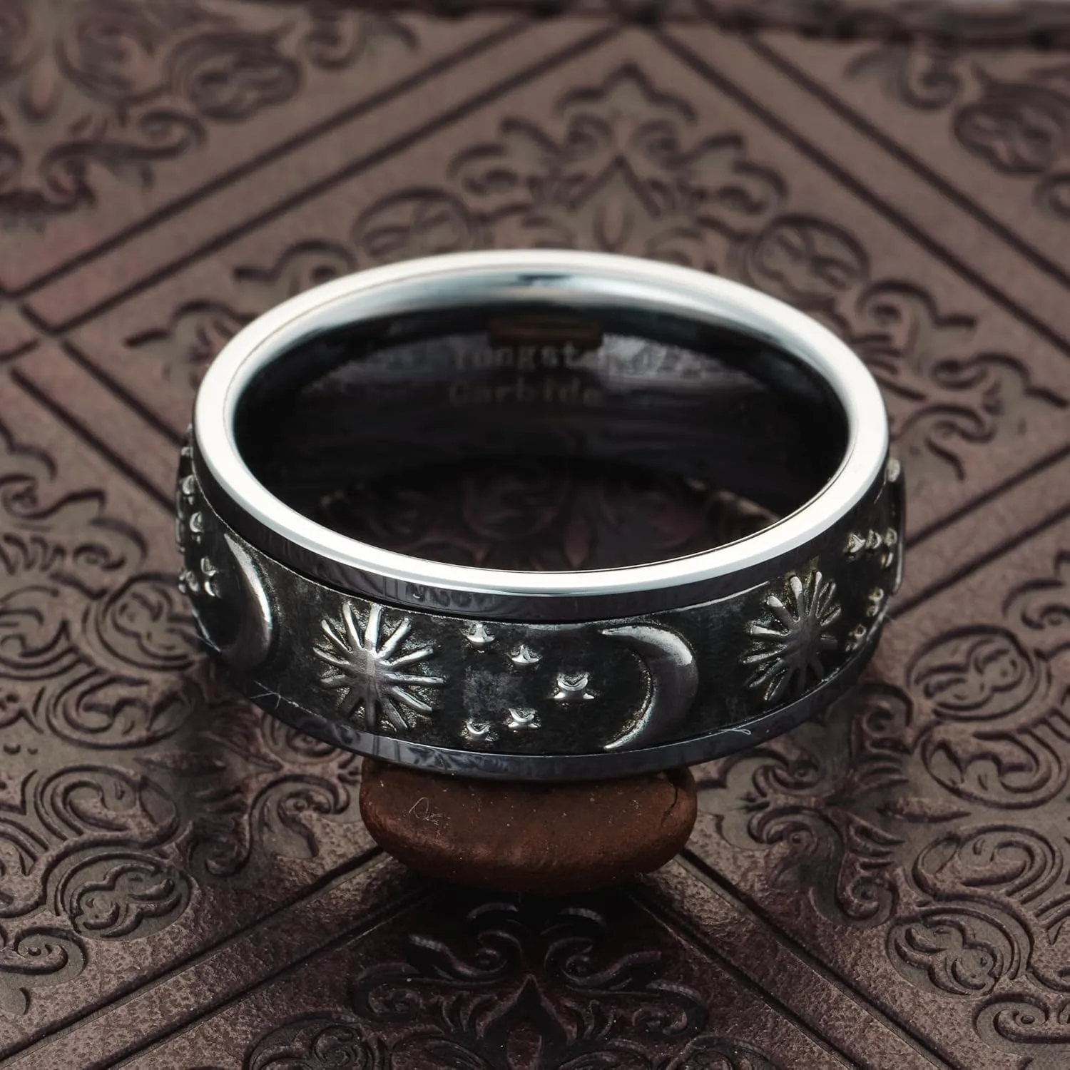 100S JEWELRY Silver Moon Stars Sun Spinner Tungsten Rings Distressed Celestial Theme Men Wedding Band Size 6-16
