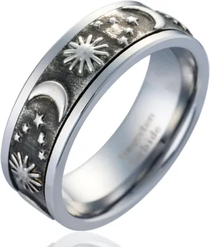 100S JEWELRY Silver Moon Stars Sun Spinner Tungsten Rings Distressed Celestial Theme Men Wedding Band Size 6-16