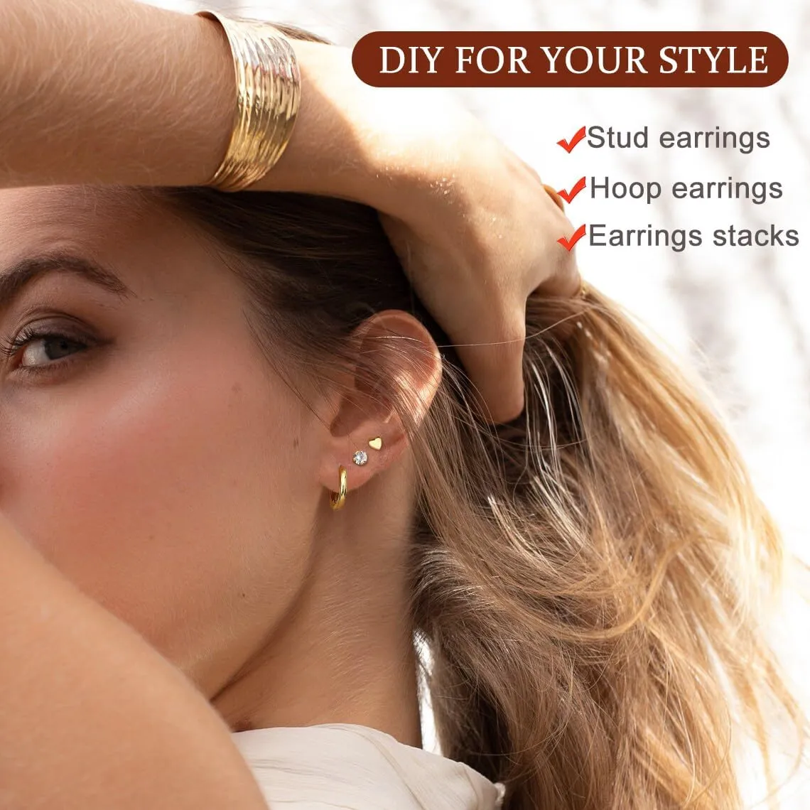11 Pairs Hypoallergenic Flat Back Earrings Sets for Multiple Piercing 18k Gold Plated Surgical Steel Huggie Hoop Earrings for Women Trendy Flat Back Tiny Ball CZ Stud Earrings for Cartilage