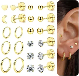 11 Pairs Hypoallergenic Flat Back Earrings Sets for Multiple Piercing 18k Gold Plated Surgical Steel Huggie Hoop Earrings for Women Trendy Flat Back Tiny Ball CZ Stud Earrings for Cartilage