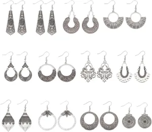 12 Style Antiqued Tibetan Silver Earring Bohemian Engraved Earrings Vintage Dangle Earrings for Women Retro Ethnic Earrings Jewelry Tibetan Flower Earring Drop Assorted Pack