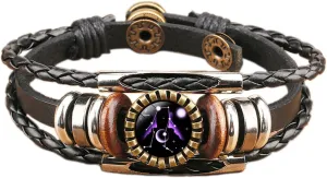 12 Zodiac Constellation Braided Bracelet Retro Adjustable Handwoven Rope PU Leather Chain Wrap Bracelet for Woman Man Friend Friendship Wrist Jewelry Birthday Gift