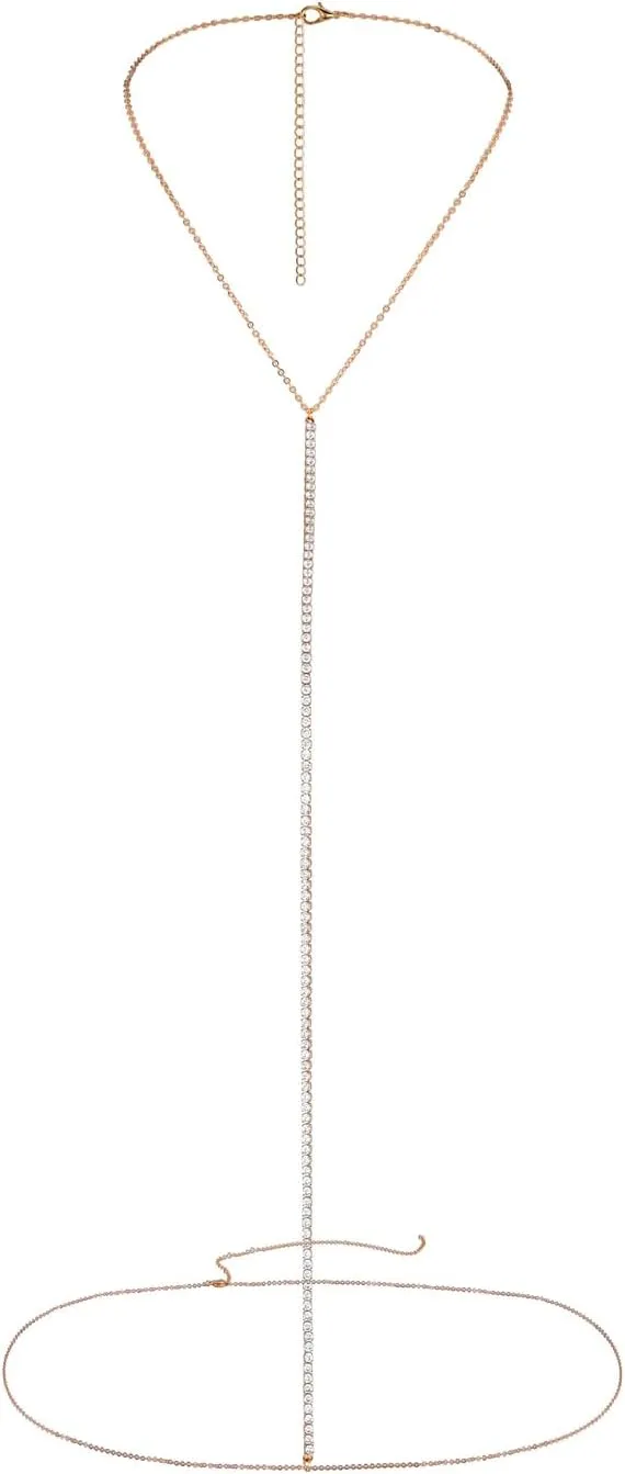 14K Gold Body Chain for Women, Waist Chains Belly Chain Layered Rhinestone Crossover Bikini Bra Body Jewelry