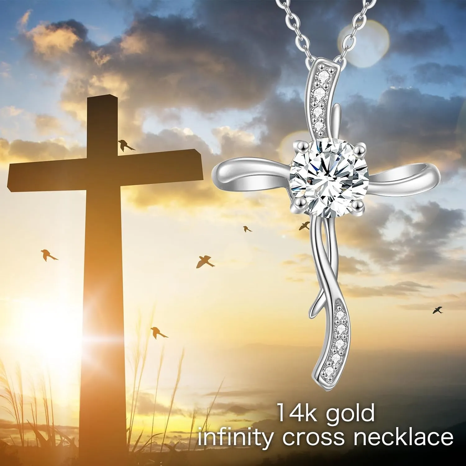 14K Gold Cross Necklace for Women, 14K Gold Infinity Cross Pendant Necklace Crufix Baptism Faith Jewelry Birthday Mothers Day Gifts for Mom Her Girlfriend Sister Wife, 16 2 Inch