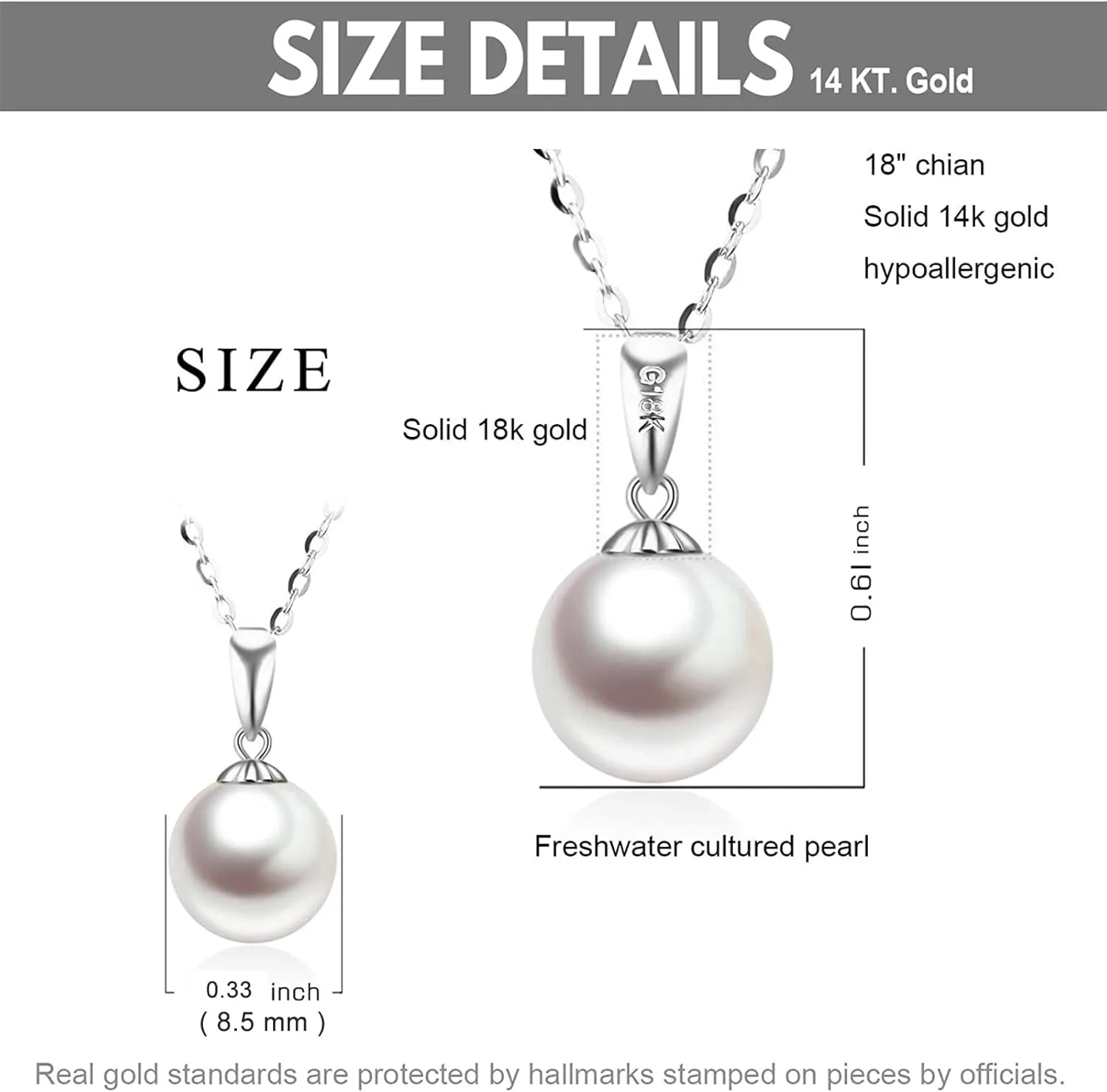 14K Gold Pearl Necklaces for Women with 18k Gold Pendant (Freshwater Cultured Pearl), Real Gold Present for Her, Jewelry Gifts for Mother Wife Girlfriend, 16"-18"