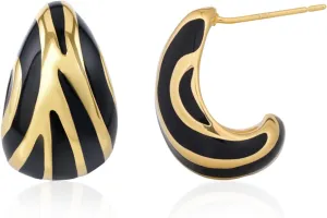 14K Gold Plated 925 Sterling Silver Post Chunky Gold Teardrop Stud Earrings Black and Gold Statement Hoop Earrings