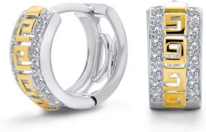 14K Gold Plated .925 Sterling Silver Two Tone Huggie Hoop Earrings With Greek Key Cutout and Cubic Zirconia CZ for Women and Men