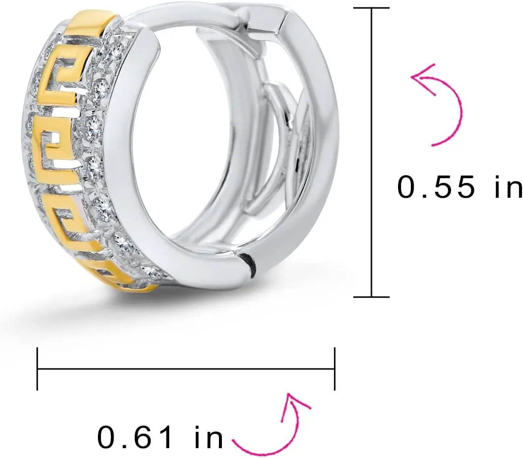 14K Gold Plated .925 Sterling Silver Two Tone Huggie Hoop Earrings With Greek Key Cutout and Cubic Zirconia CZ for Women and Men