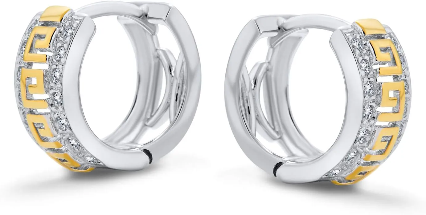 14K Gold Plated .925 Sterling Silver Two Tone Huggie Hoop Earrings With Greek Key Cutout and Cubic Zirconia CZ for Women and Men