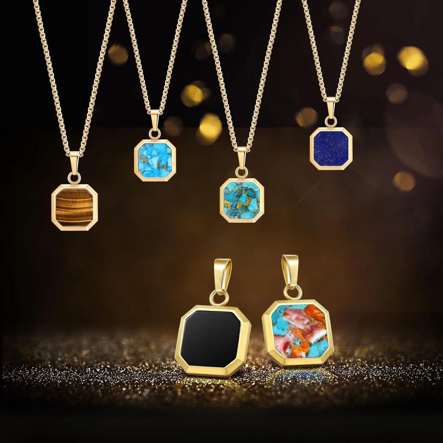 14K Gold Plated Necklace Black Onyx/Opal/Turquoise/Malachite/Lapis Lazuli/Tigers Eye Necklace for Men Women Stainless Steel Square/Rectangle Pendant Necklaces with Box Chain