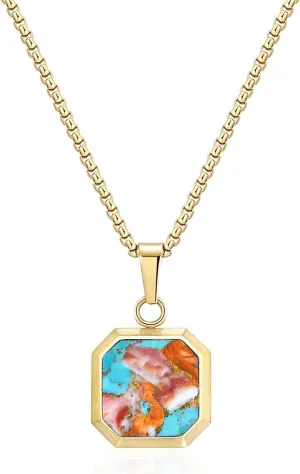14K Gold Plated Necklace Black Onyx/Opal/Turquoise/Malachite/Lapis Lazuli/Tigers Eye Necklace for Men Women Stainless Steel Square/Rectangle Pendant Necklaces with Box Chain