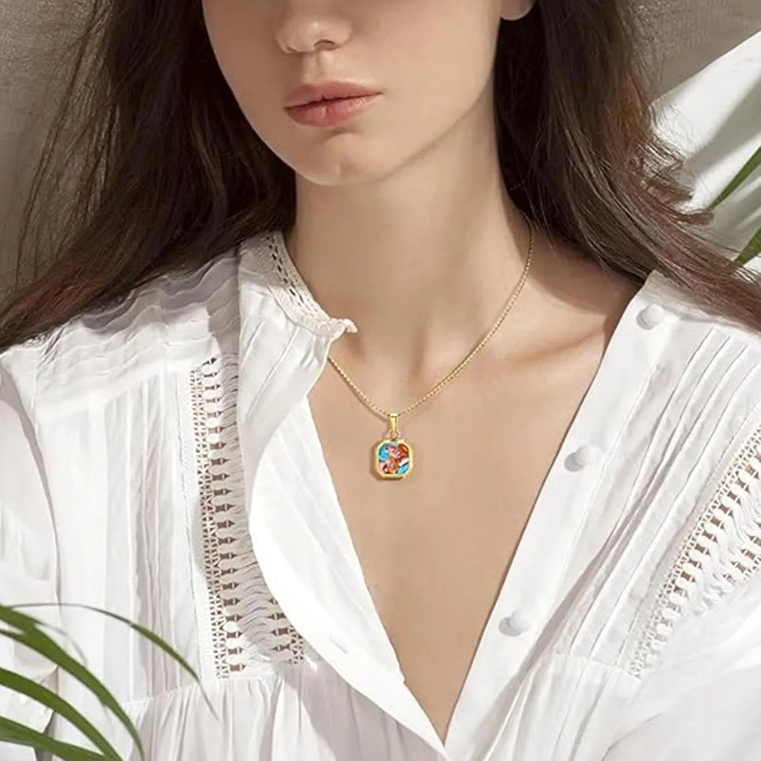 14K Gold Plated Necklace Black Onyx/Opal/Turquoise/Malachite/Lapis Lazuli/Tigers Eye Necklace for Men Women Stainless Steel Square/Rectangle Pendant Necklaces with Box Chain