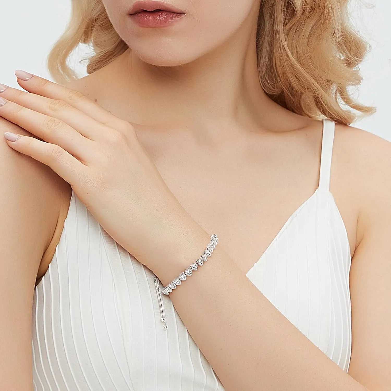 14K Gold Rose Gold White Gold Plated Cubic Zirconia Tennis Bracelet for Women Heart Shape CZ Adjustable Tennis Bracelet Fashion Jewelry Gifts for Women Girls