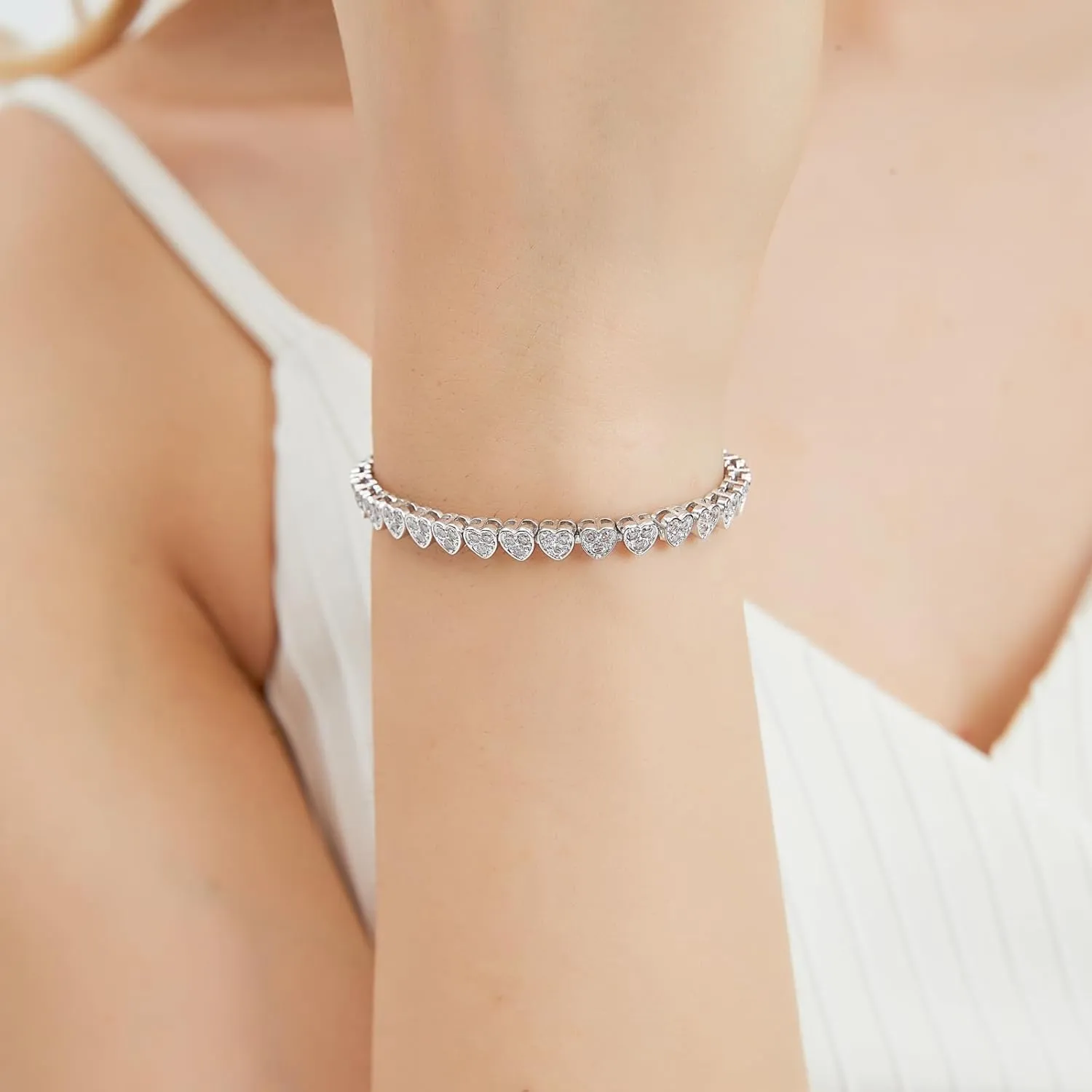 14K Gold Rose Gold White Gold Plated Cubic Zirconia Tennis Bracelet for Women Heart Shape CZ Adjustable Tennis Bracelet Fashion Jewelry Gifts for Women Girls