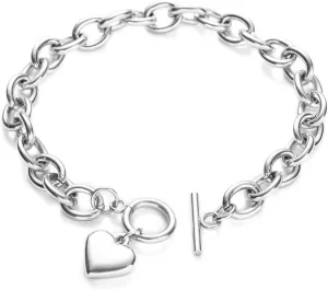 14K Gold Silver Tone Womens Heart Charm Bracelets Toggle Clasp Stainless Steel Link Bracelet Minimalist Jewelry 7.5
