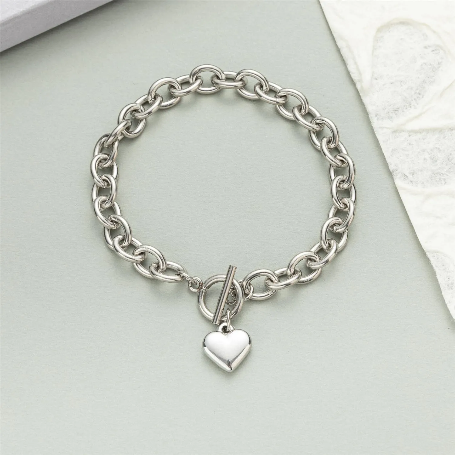 14K Gold Silver Tone Womens Heart Charm Bracelets Toggle Clasp Stainless Steel Link Bracelet Minimalist Jewelry 7.5