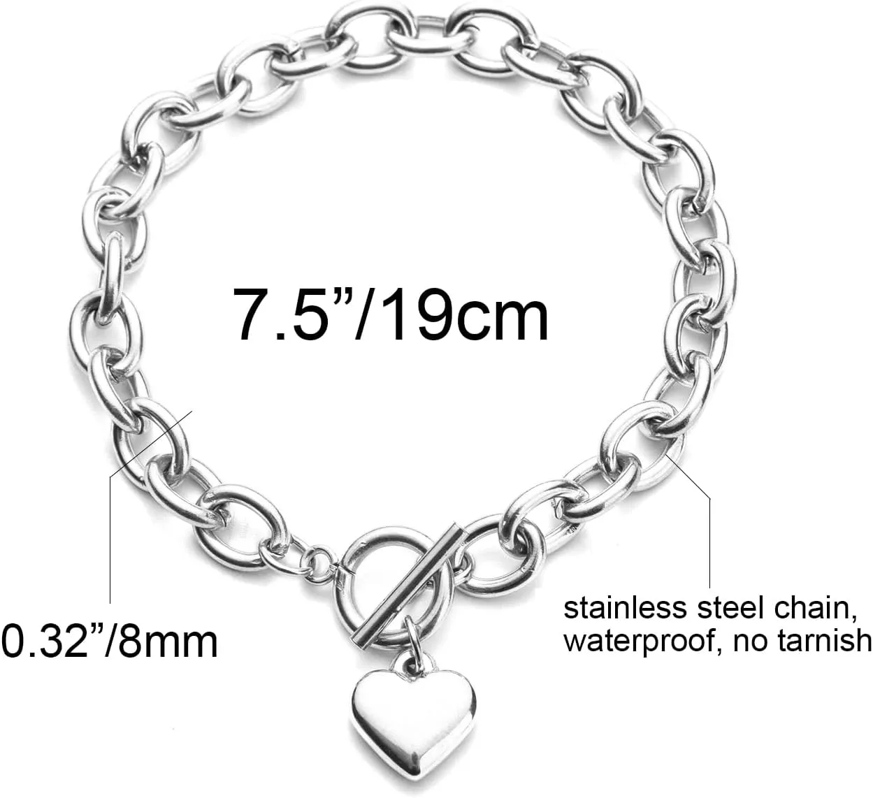 14K Gold Silver Tone Womens Heart Charm Bracelets Toggle Clasp Stainless Steel Link Bracelet Minimalist Jewelry 7.5