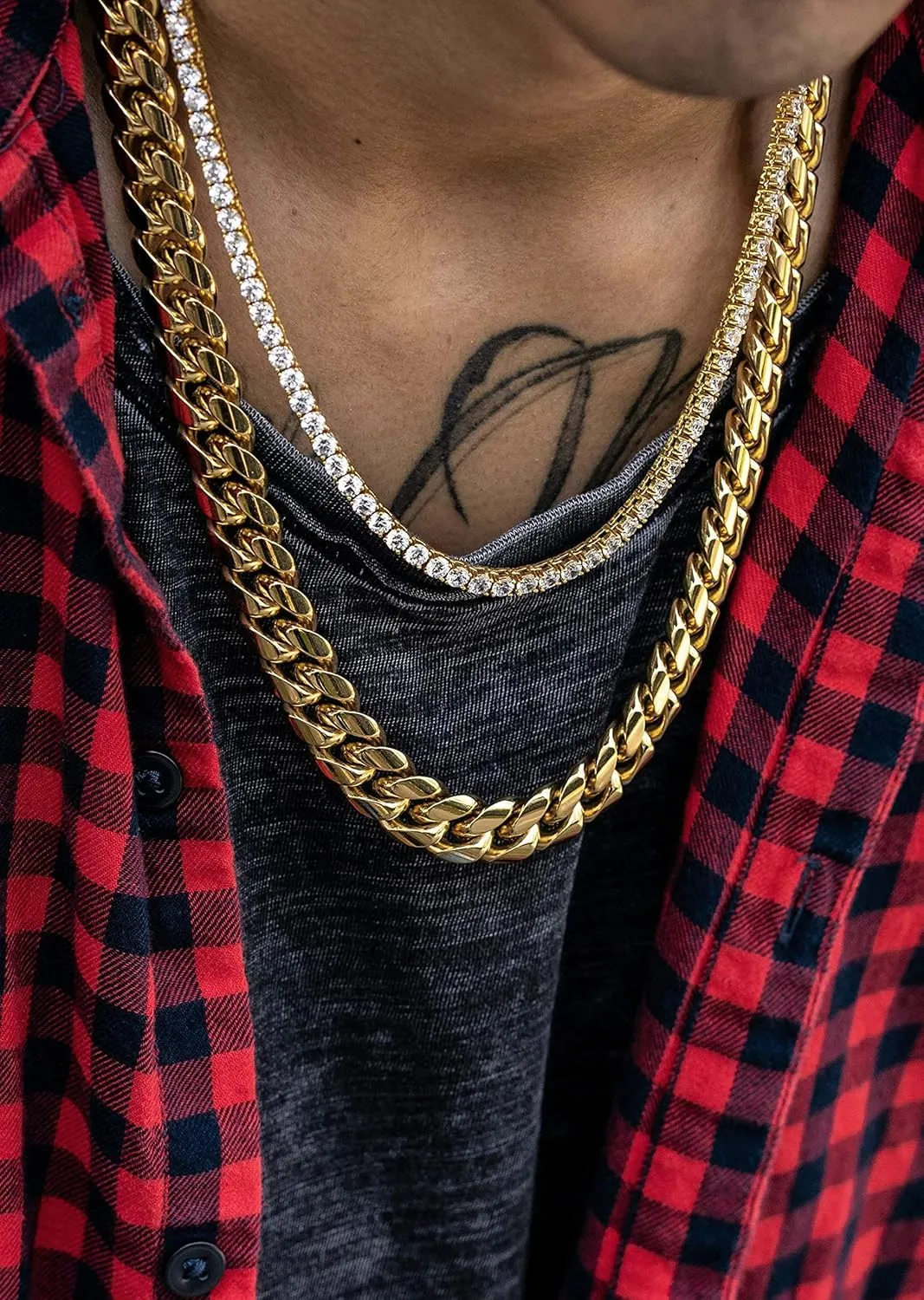 14K REAL Gold Plated Miami Cuban Link Chain 316L Stainless Steel Necklace or Bracelet with Iced Out Diamond Clasp for Men Women(Custom Box and Pouch Packing, Christmas Gift)