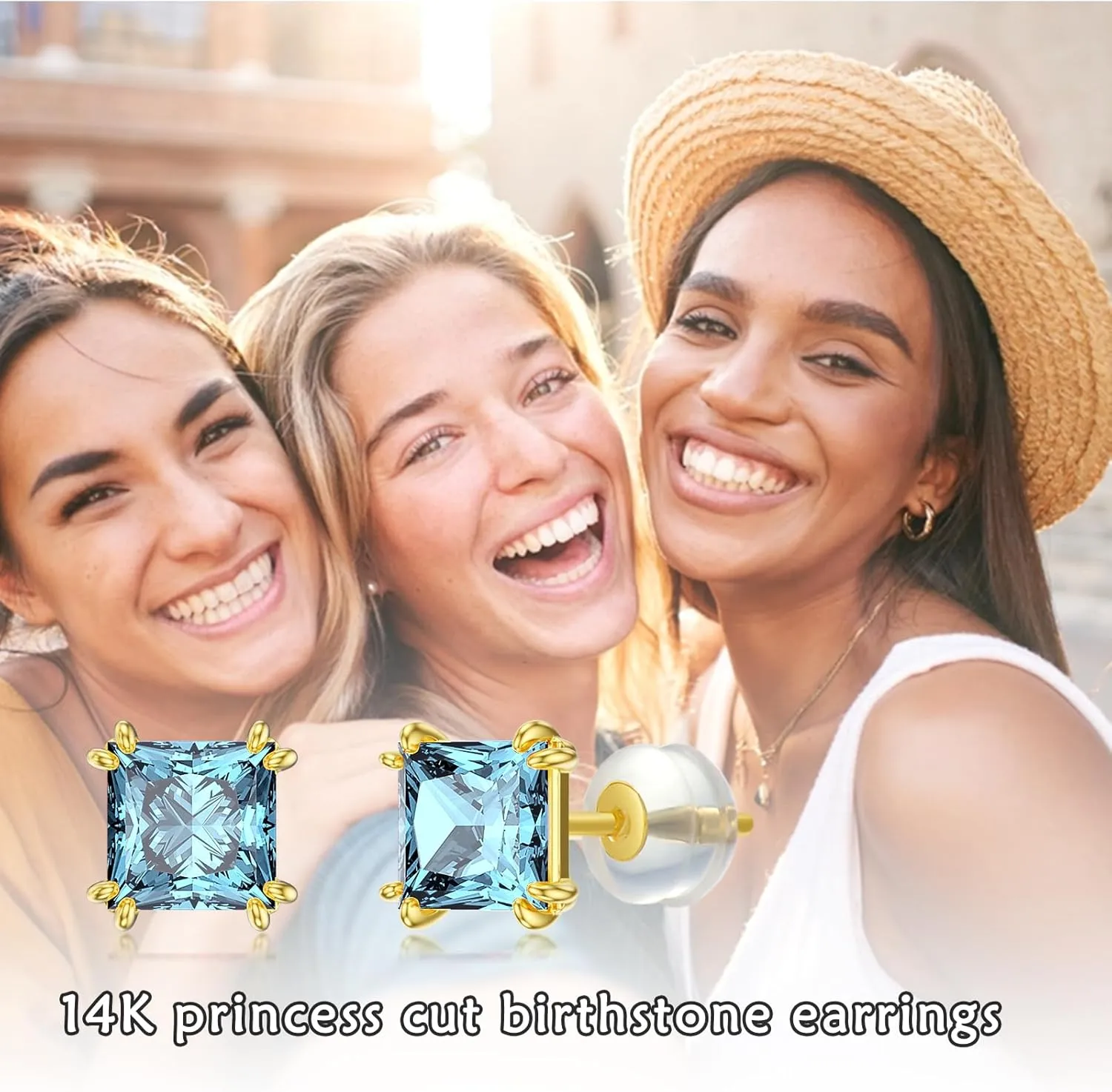 14k Real Gold Princess-Cut Gemstone Birthstone Stud Earrings for Women 6mm 2.5Carat Square Created Birthstone Earrings Jewelry Gifts for Anniversary Birthday Valentine Gift for Her Wife