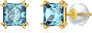 14k Real Gold Princess-Cut Gemstone Birthstone Stud Earrings for Women 6mm 2.5Carat Square Created Birthstone Earrings Jewelry Gifts for Anniversary Birthday Valentine Gift for Her Wife