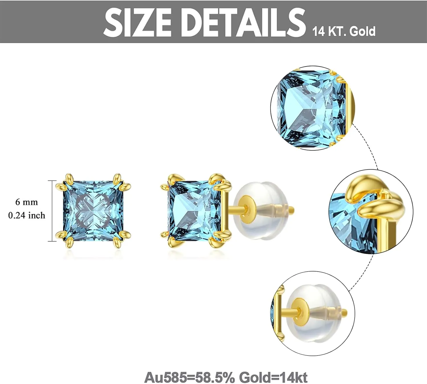 14k Real Gold Princess-Cut Gemstone Birthstone Stud Earrings for Women 6mm 2.5Carat Square Created Birthstone Earrings Jewelry Gifts for Anniversary Birthday Valentine Gift for Her Wife