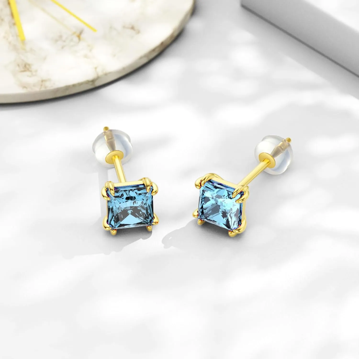 14k Real Gold Princess-Cut Gemstone Birthstone Stud Earrings for Women 6mm 2.5Carat Square Created Birthstone Earrings Jewelry Gifts for Anniversary Birthday Valentine Gift for Her Wife