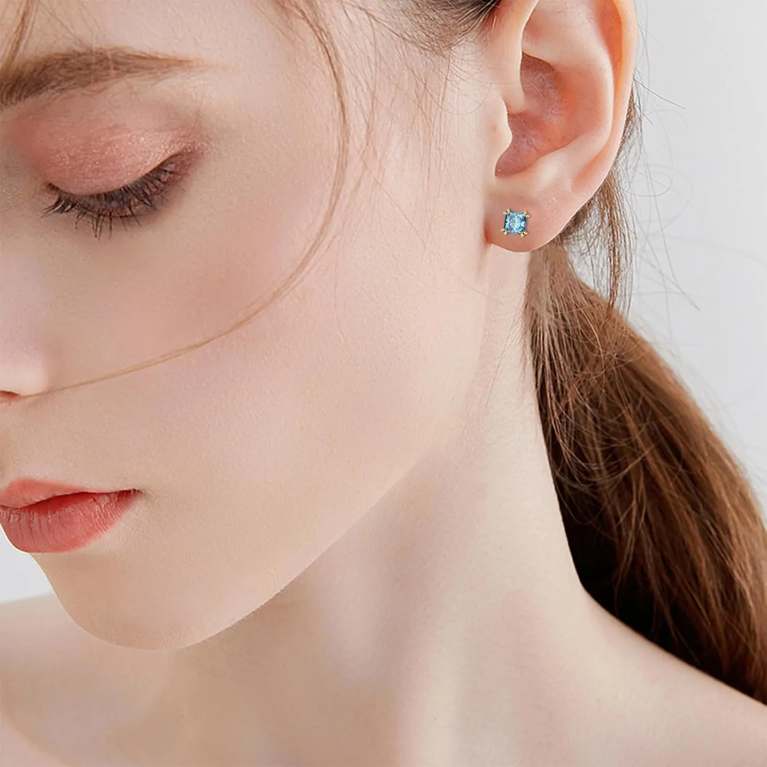 14k Real Gold Princess-Cut Gemstone Birthstone Stud Earrings for Women 6mm 2.5Carat Square Created Birthstone Earrings Jewelry Gifts for Anniversary Birthday Valentine Gift for Her Wife