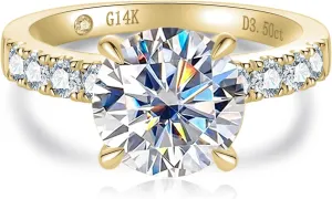 14K Solid Gold Side Stones Ring, Round/Princess Cut Centerpiece Moissanite Lab Grown Created Diamond, D Color and Flawless Real Gold Wedding Anniversary Ring