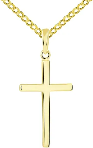 14k Solid Yellow Gold Classic Plain Religious Cross Pendant with Cuban Chain Necklace
