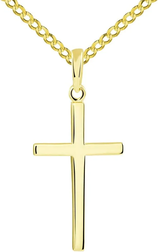 14k Solid Yellow Gold Classic Plain Religious Cross Pendant with Cuban Chain Necklace