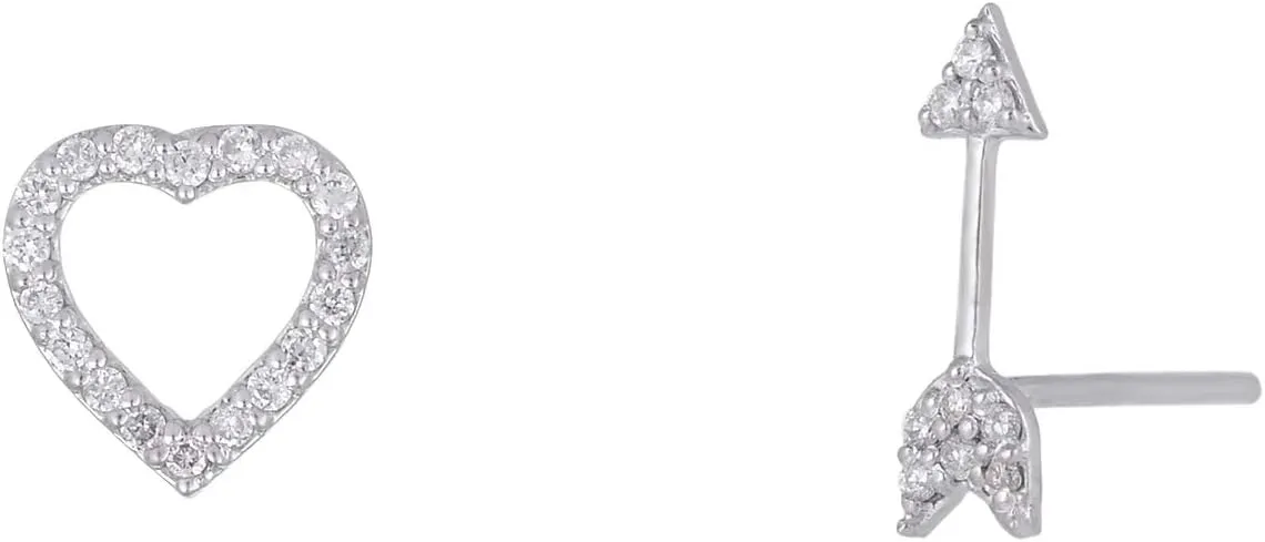 14K White Gold Heart Arrow Stud Earrings Set 0.11 Carats Brilliant Cut Natural Diamonds (H I Color Si1-Si2 Clarity) Fine Jewelry For Women Gifts