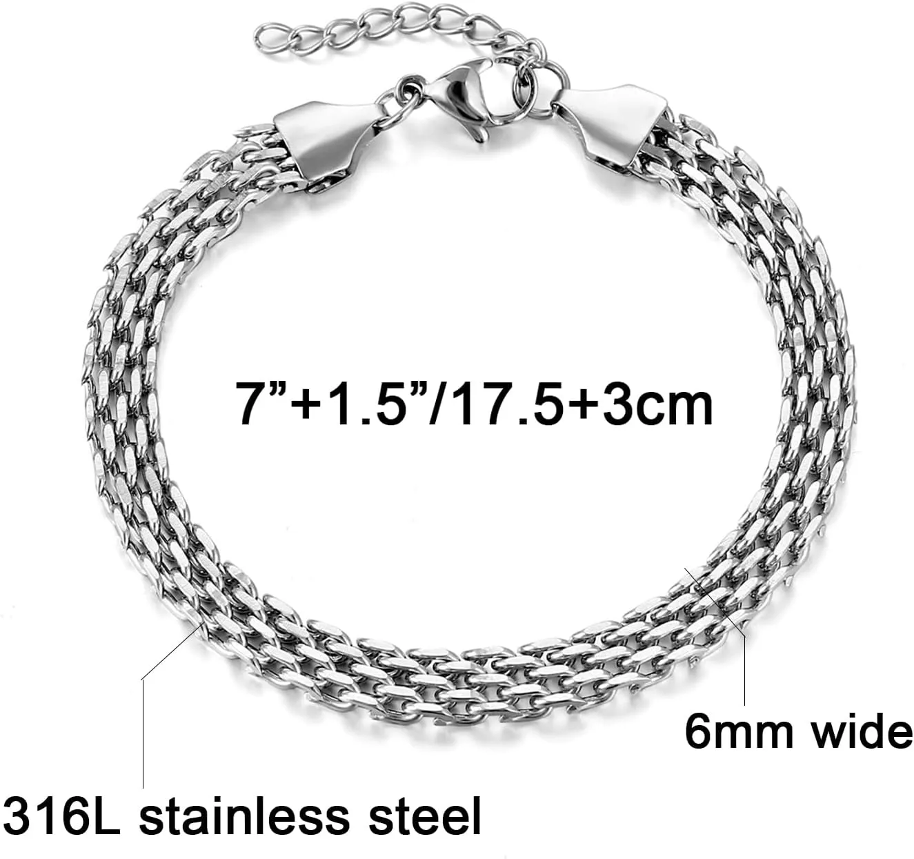 14K White Gold Plated Mesh Link Bracelet for Women Men 6mm Wide Stainless Steel Link Bracelets for Women with 1.5" extension