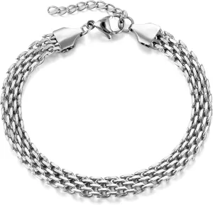 14K White Gold Plated Mesh Link Bracelet for Women Men 6mm Wide Stainless Steel Link Bracelets for Women with 1.5" extension