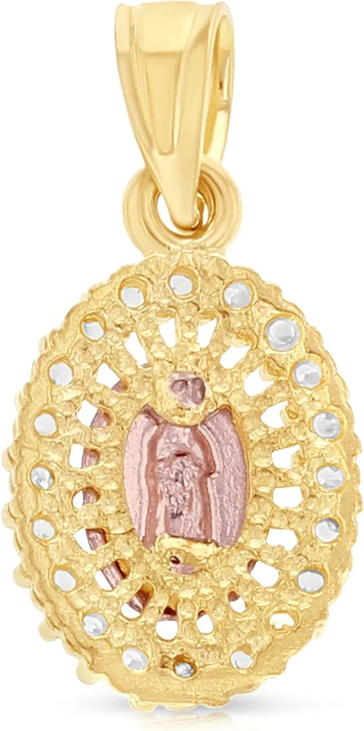 14K Yellow Gold Our Lady of Guadalupe Cubic Zirconia CZ Charm Pendant with 1.5mm Valentino Chain Necklace