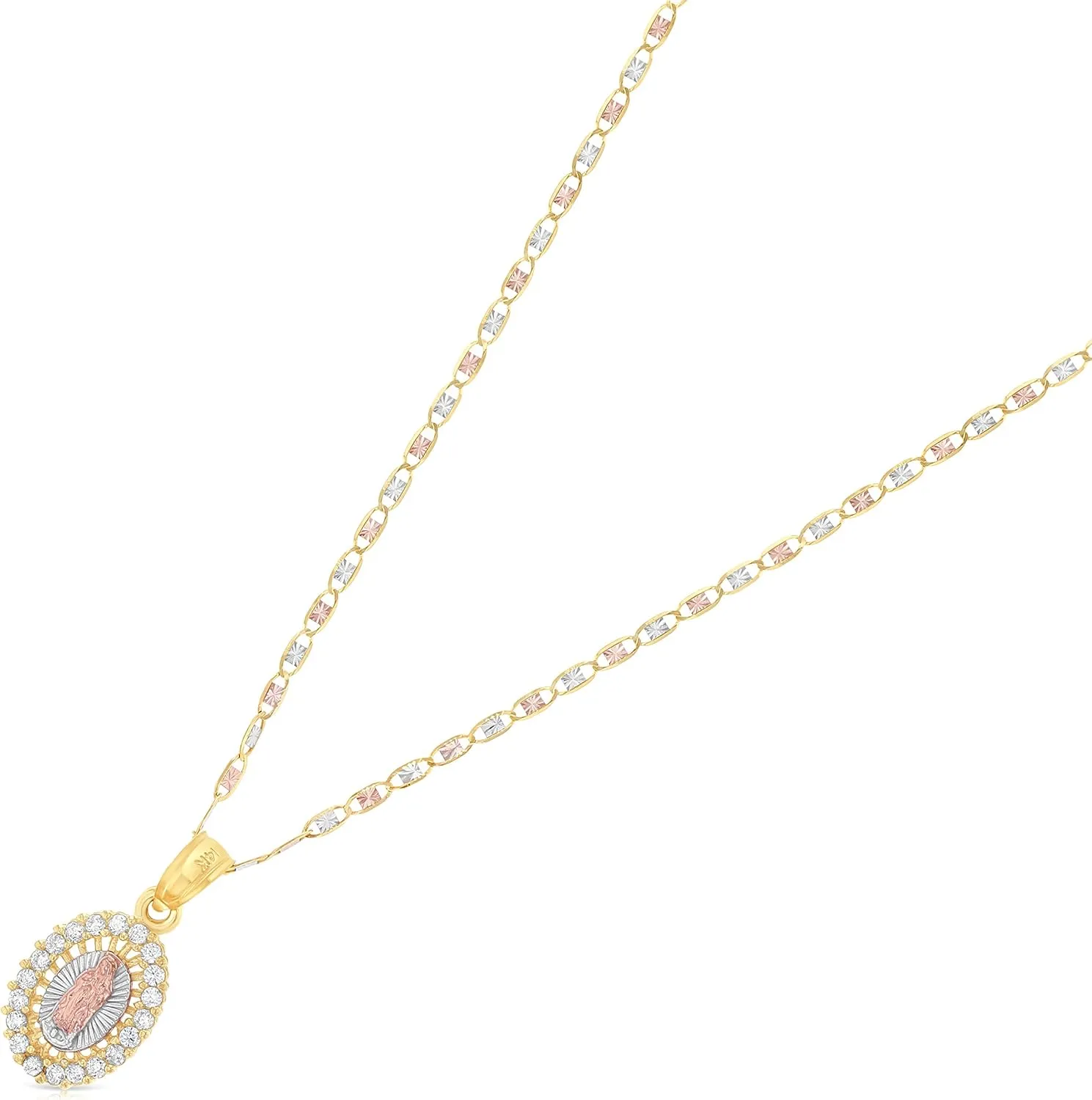 14K Yellow Gold Our Lady of Guadalupe Cubic Zirconia CZ Charm Pendant with 1.5mm Valentino Chain Necklace