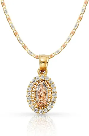 14K Yellow Gold Our Lady of Guadalupe Cubic Zirconia CZ Charm Pendant with 1.5mm Valentino Chain Necklace