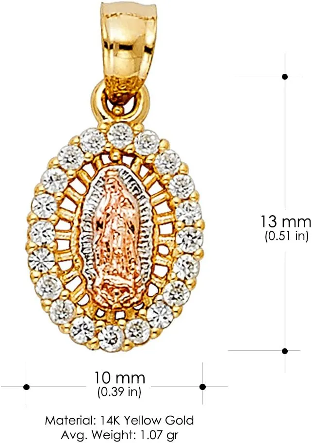 14K Yellow Gold Our Lady of Guadalupe Cubic Zirconia CZ Charm Pendant with 1.5mm Valentino Chain Necklace