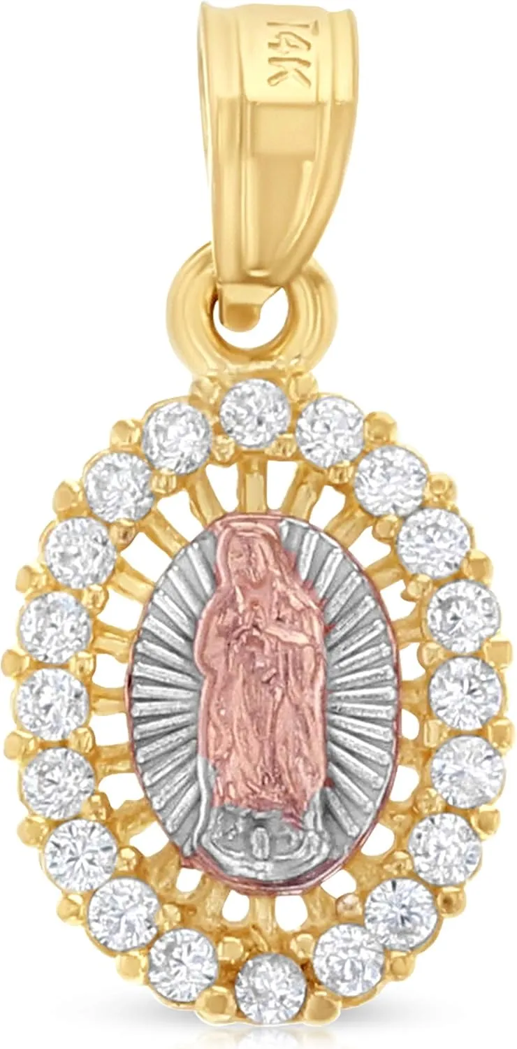 14K Yellow Gold Our Lady of Guadalupe Cubic Zirconia CZ Charm Pendant with 1.5mm Valentino Chain Necklace