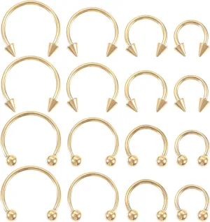 16PCS Gold Septum Ring 16 Gauge Nose Rings Multiple Different Sizes Horseshoe Nose Piercing Jewelry, Stainless Steel Lip Earring Eyebrow Hoop Septum Rings for Men and Women 6-12mm