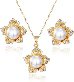 17IF Pearl Flower Earrings Necklace Gold Jewelry Sets For Women Bride Bridesmaids Wedding Party Prom, Dainty Mother Day Jewelry Gifts