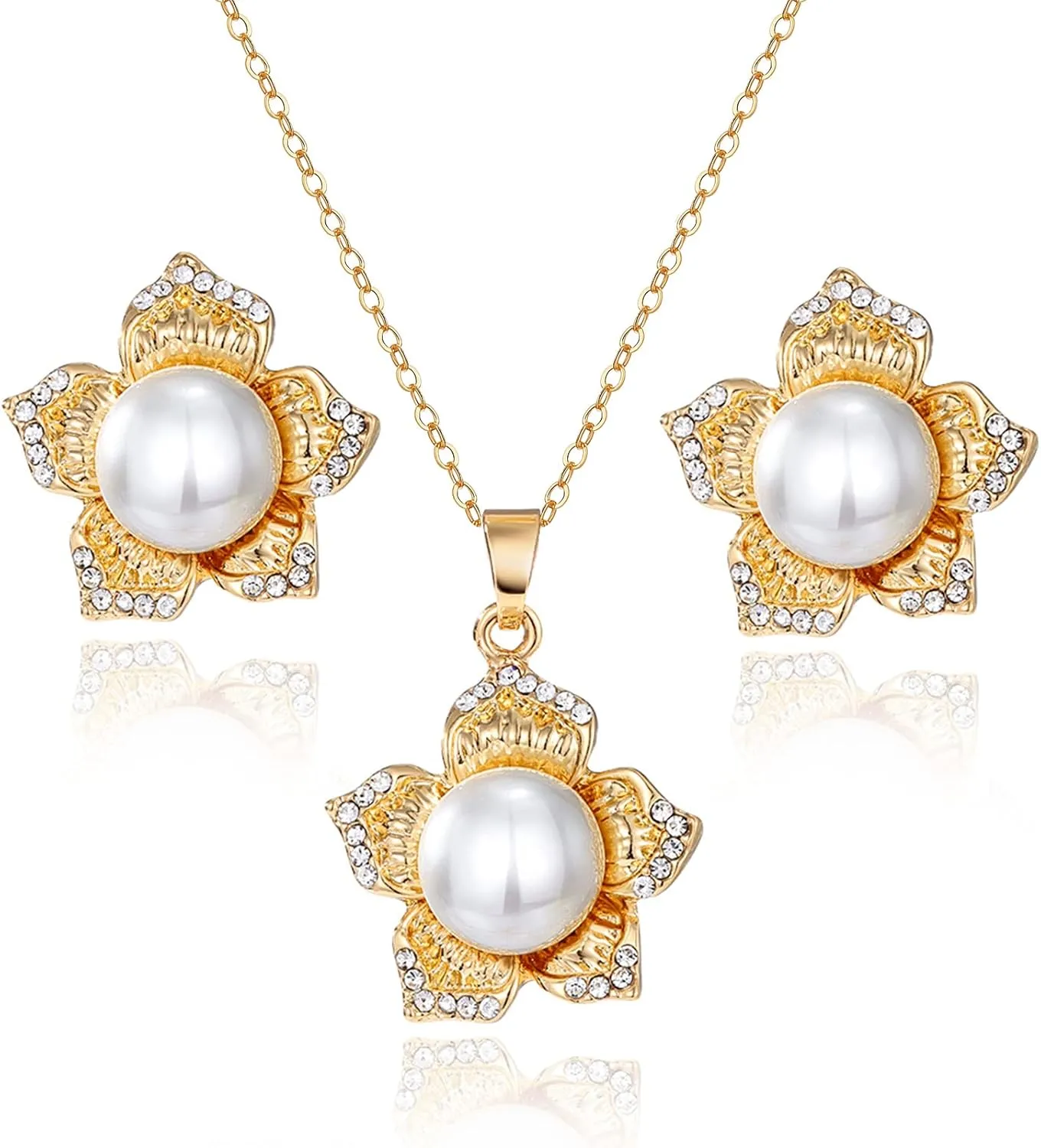 17IF Pearl Flower Earrings Necklace Gold Jewelry Sets For Women Bride Bridesmaids Wedding Party Prom, Dainty Mother Day Jewelry Gifts