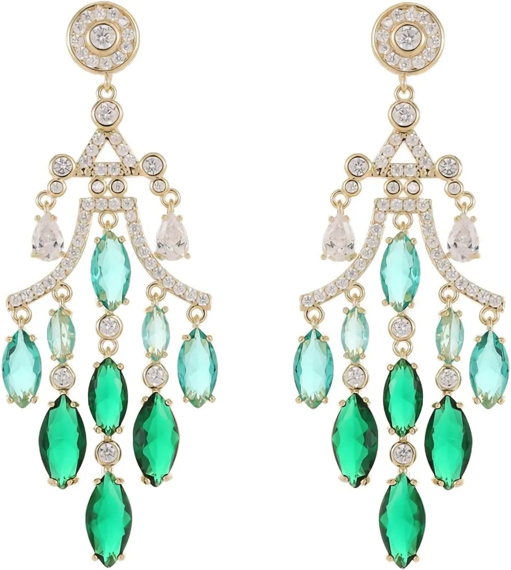 18K Gold Crystal Long Tassel Chandelier Earrings for Women, Cubic Zircon Green Crystal Drop Dangle Earrings, Vintage Style Drop Dangle Statement Earrings (Green)