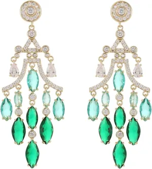 18K Gold Crystal Long Tassel Chandelier Earrings for Women, Cubic Zircon Green Crystal Drop Dangle Earrings, Vintage Style Drop Dangle Statement Earrings (Green)