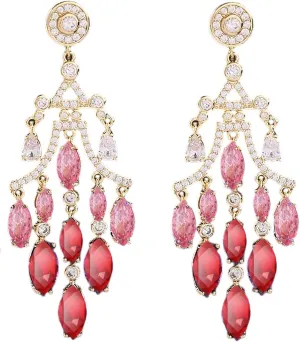 18K Gold Crystal Long Tassel Chandelier Earrings for Women, Cubic Zircon Green Crystal Drop Dangle Earrings, Vintage Style Drop Dangle Statement Earrings (Red)
