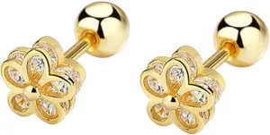 18K Gold plated 925 Sterling Silver Cubic Zirconia Screw Back Cute Flower Stud Earrings for Women